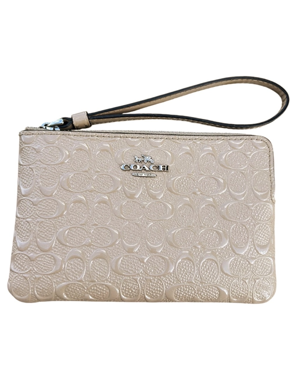 COACH Signature Debossed Patent Leather Corner Zip Wristlet